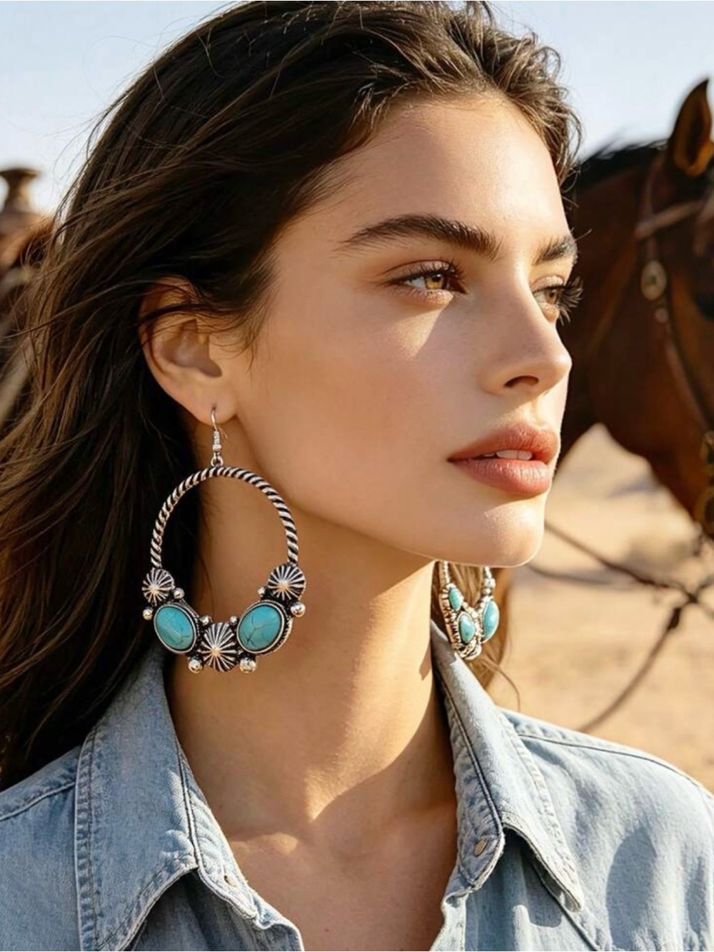 New! Western hoop statement earrings, bohemian turquoise + silver